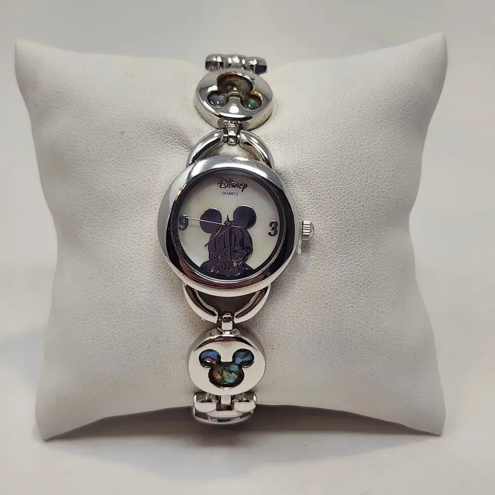 Disney Mickey Mouse Head Silver Tone Watch MOP Face Abalone Shell Inlay MK2006A